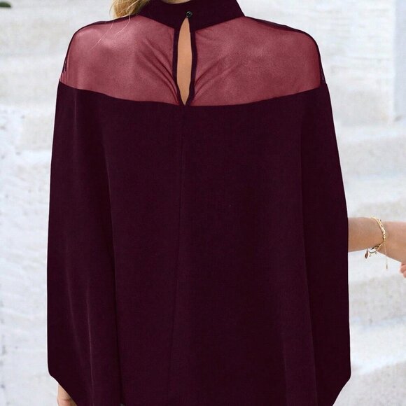 Burgundy Casual Women's Stand Collar Mesh Hollow Blouse - Picture 3 of 6